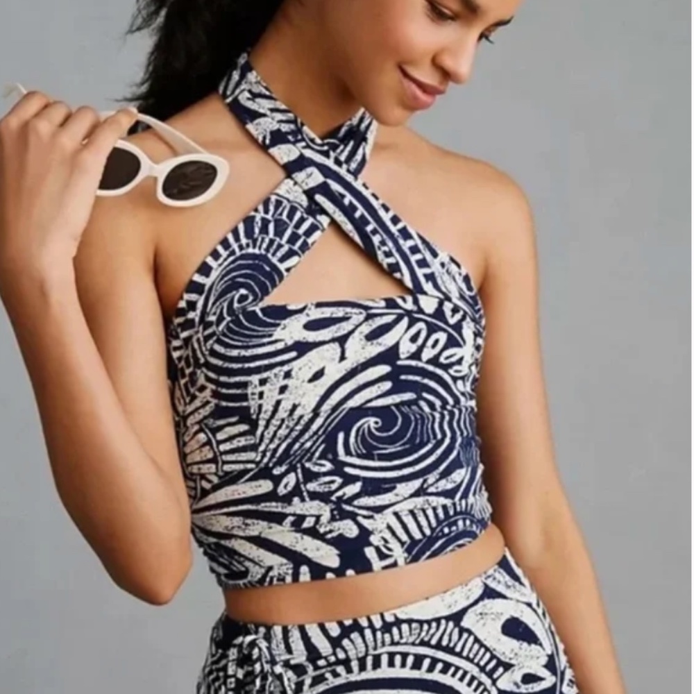 Floral Halter Boho Peasant Hipster Hippie Art Deco Farm Hip Chic Modern Blouse